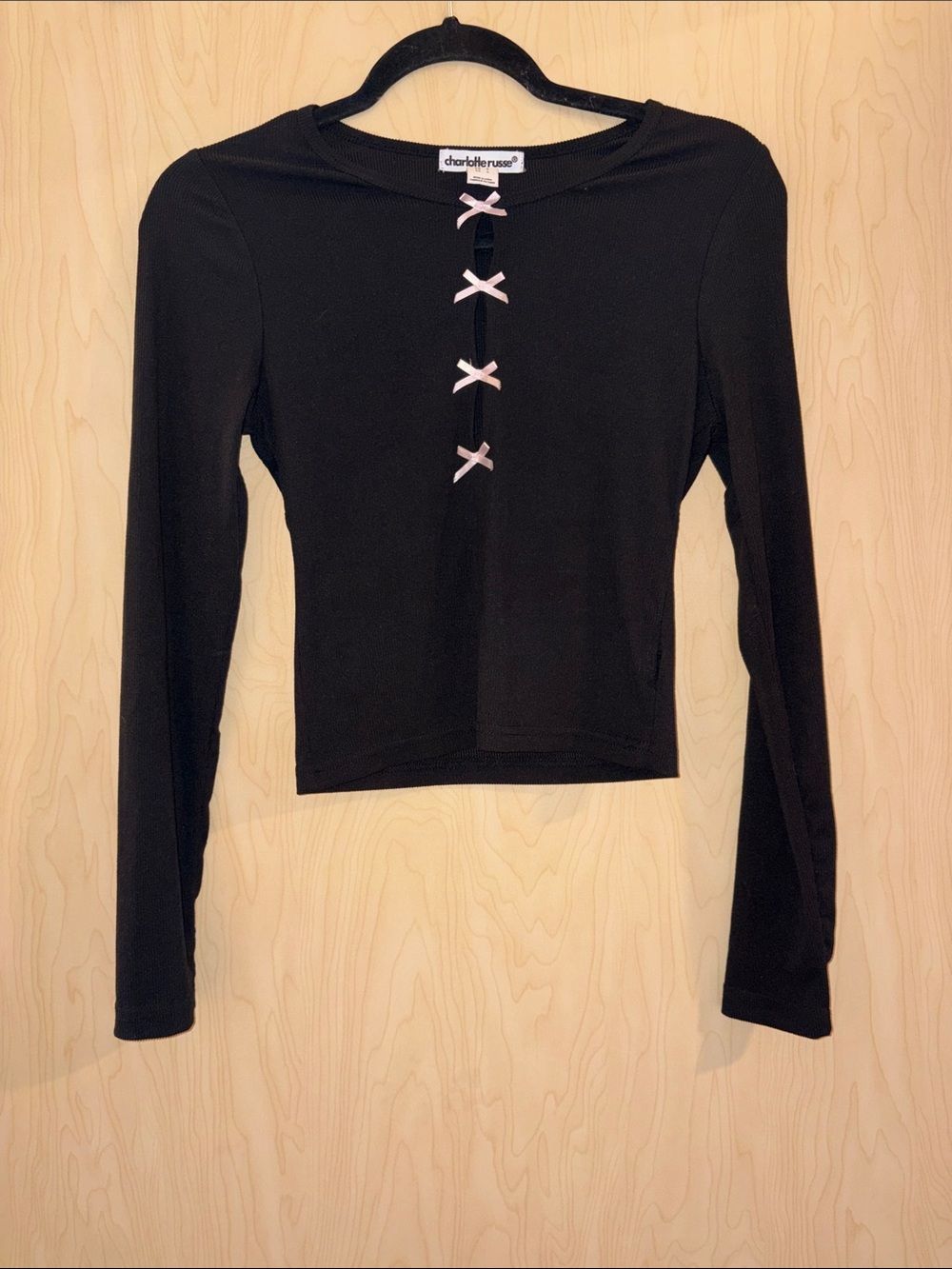 Charlotte Russe Black Long Sleeve Crop Top with Pink Bows